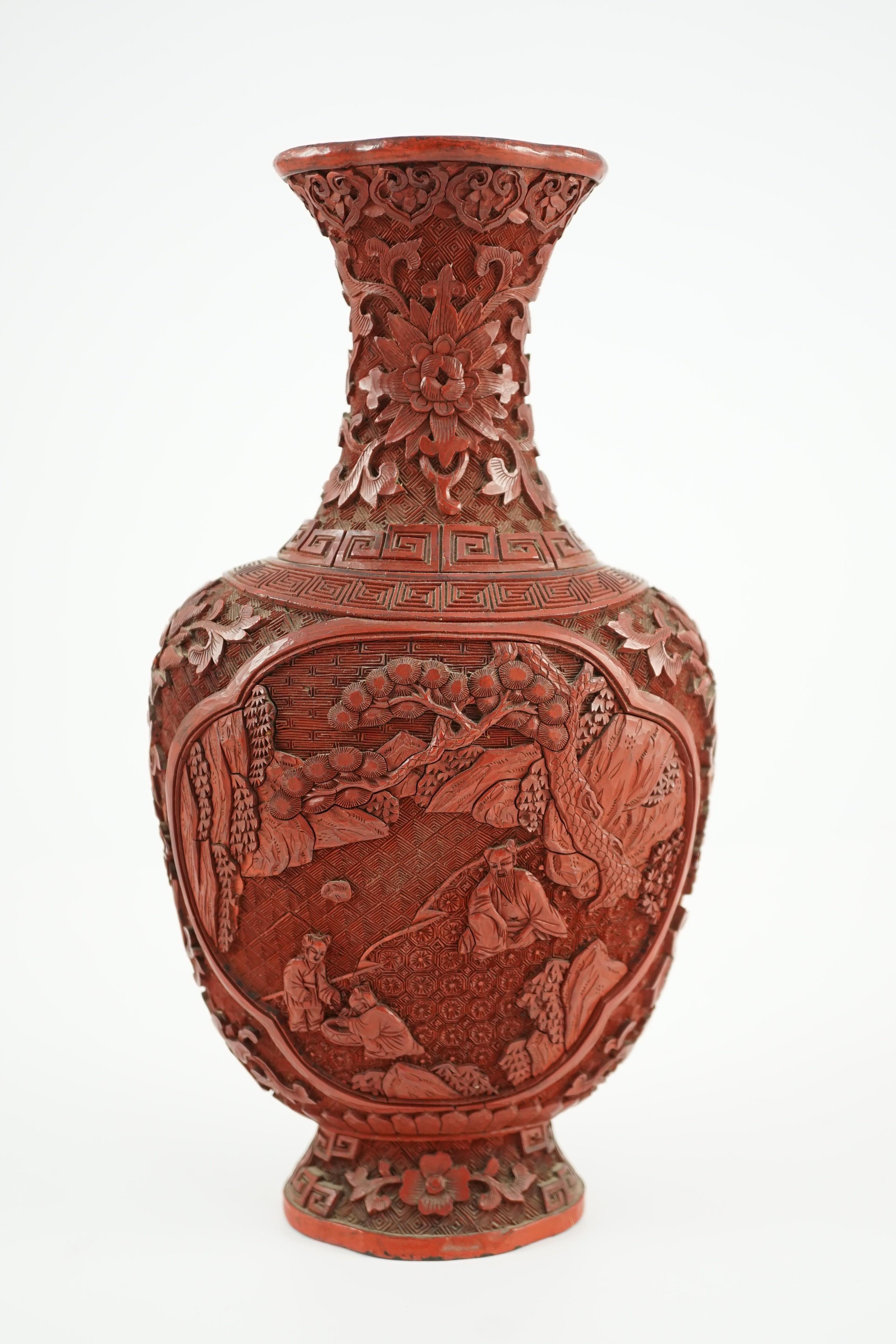 A Chinese cinnabar lacquer flattened baluster vase, 18th/19th century, 25cm high